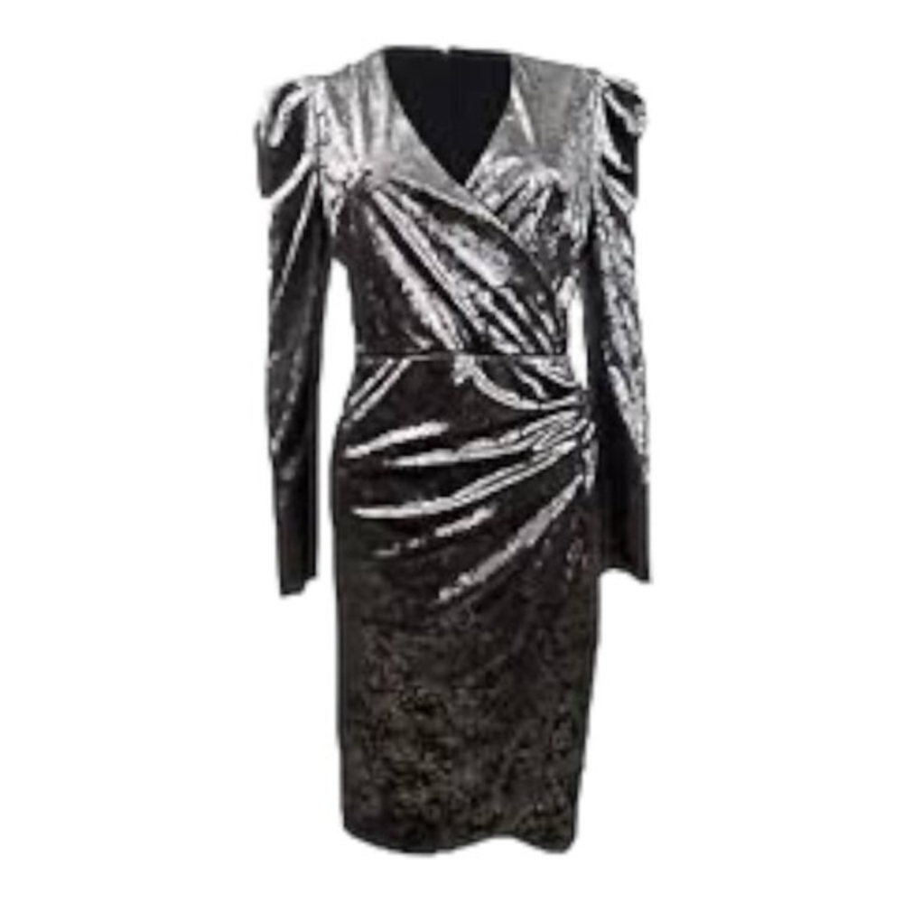 INC International Concepts Silver Velvet Wrap Dress M Puffed Sleeve Lined NWT - Picture 5 of 11